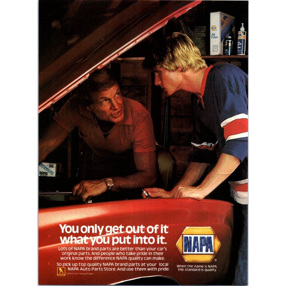 1980 NAPA Auto Parts Store Vintage Print Ad Father Son Under Hood 80s Wall Art